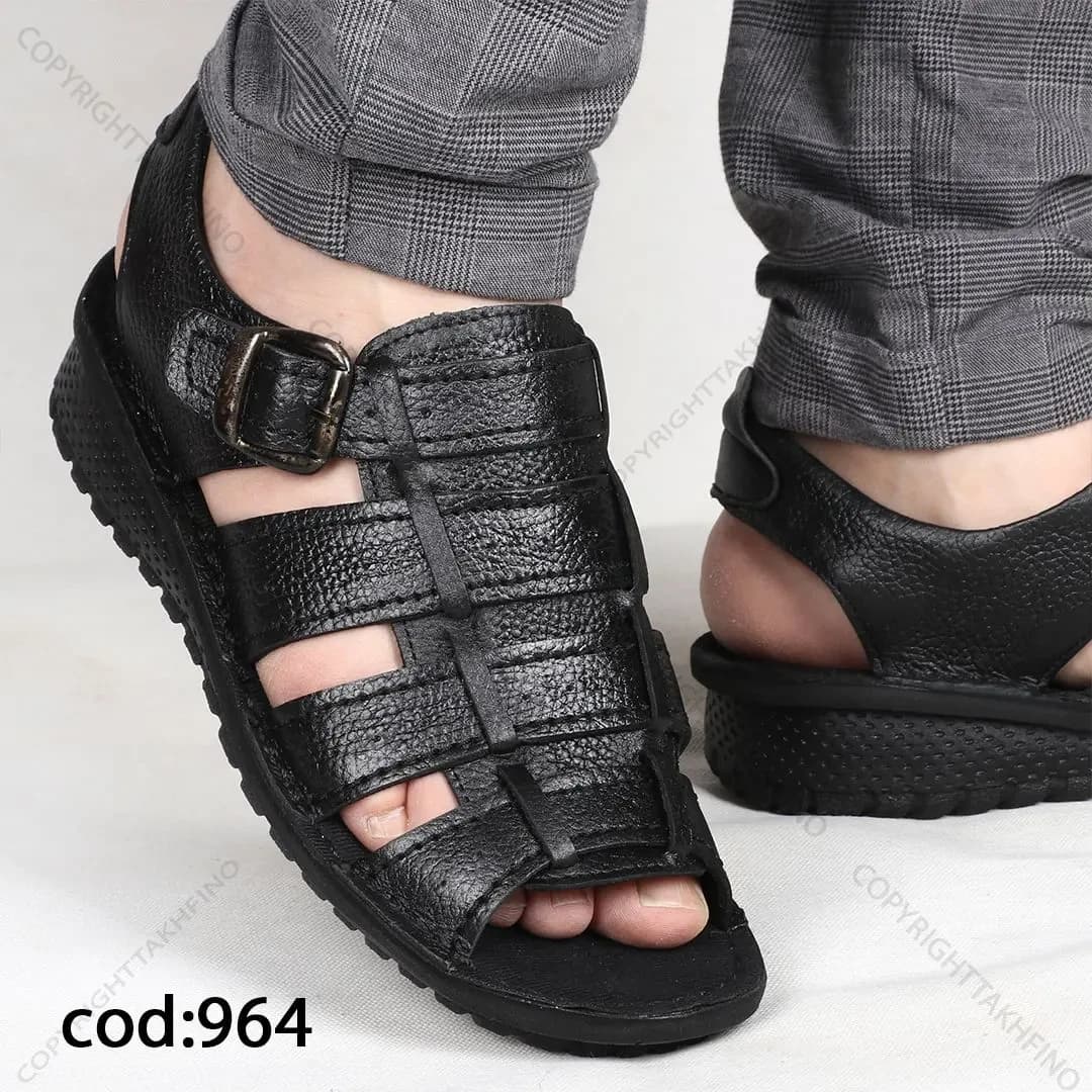 صندل مردانه چرم طبیعی تمام مشکی سگک دار (کد  964 )